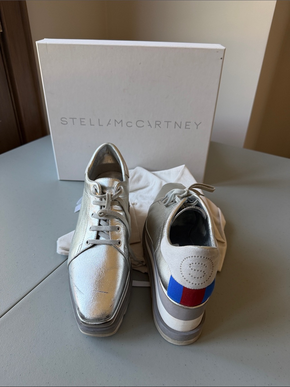 STELLA MCCARTNEY Women’s Silver Platform Sneakers w/ Red Blue Stripe Detail 8.5